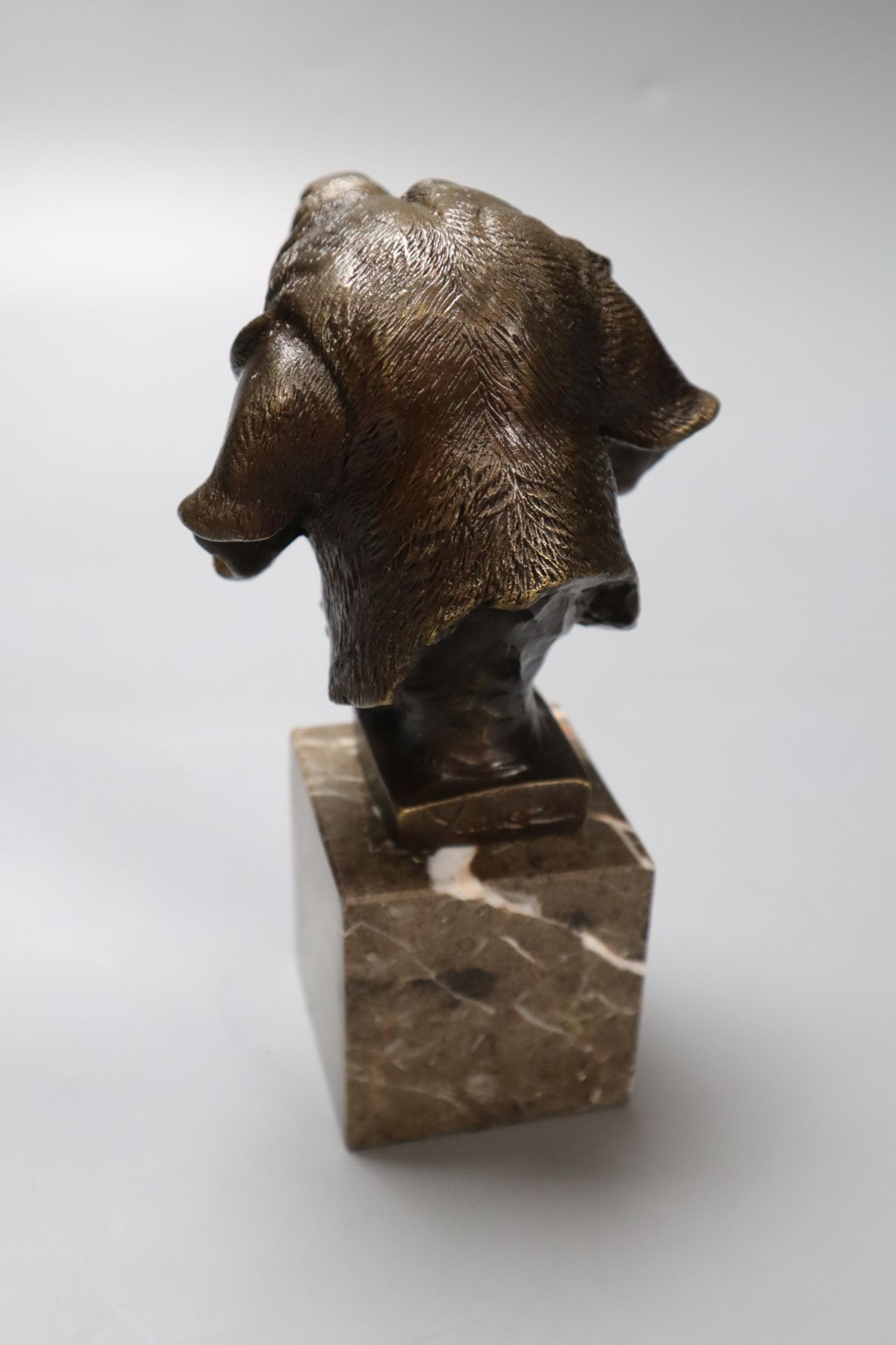 After Yanez. A modern bronze dog head, on marble plinth, 18cm